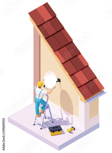 Vector isometric man installing tv satellite dish