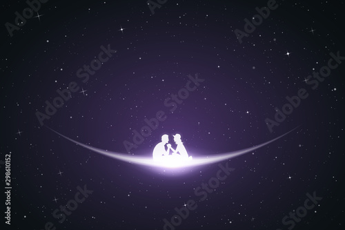Lovers in space. Vector conceptual illustration with white silhouette of sitting couple. Violet abstract background with stars and glowing outline