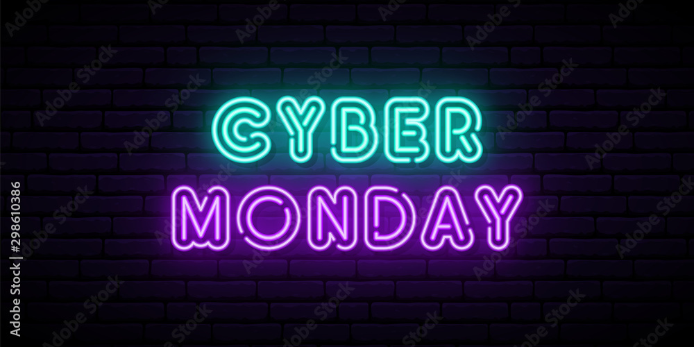 Cyber Monday neon horizontal banner. Neon text on dark brick background. Stock vector illustration.