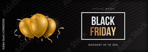 Horizontal vector banner with 3d golden balloons for Black Friday sale. Good for website, bilboard and etc.