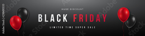 Vector long banner for Black Friday Sale. Modern advertising design with 3d balloons on black background.