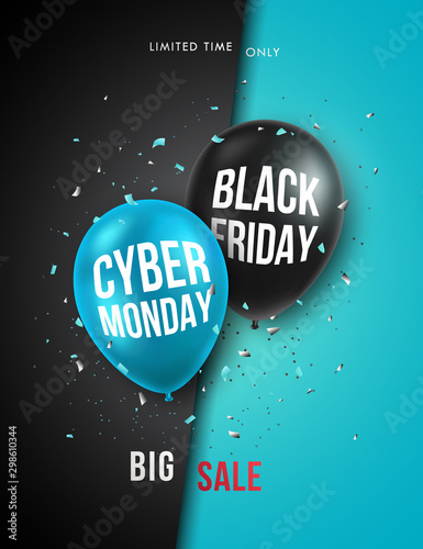 Black Friday and Cyber Monday vertical banner. Vector design template for brochure, flyer, poster and social network. 3d realistick black and blue balloons.