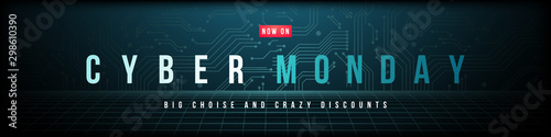 Vector long banner for Cyber Monday Sale. Modern advertising design with circuit board pattern and grid on dark background.