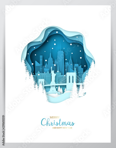 Snowy New York city. Paper art greeting card. Merry Christmas and Happy New Year NY. Vector illustration.