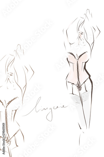 Seductive young woman in lingerie. Female slender body. Hand-drawn illustration, sketch. Vector