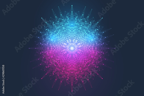 Geometric abstract background expansion of life. Colorful explosion background with connected line and dots, wave flow. Graphic background explosion, motion burst. Scientific vector illustration
