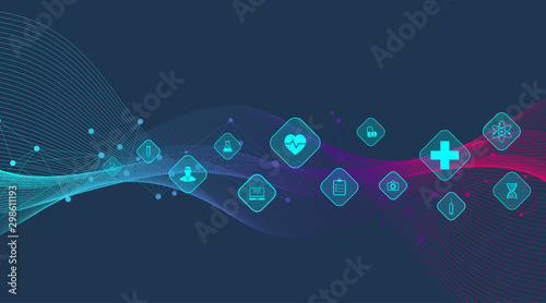 Abstract health care banner template with flat icons. Healthcare medicine concept. Medical innovation technology pharmacy banner. Vector illustration