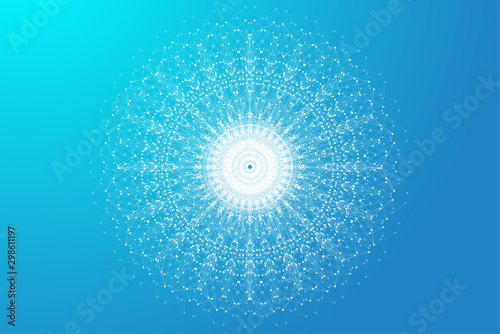 Fototapeta Naklejka Na Ścianę i Meble -  Big data visualization. Geometric abstract background visual information complexity. Futuristic infographics design. Technology background with connected line and dots, wave flow. Vector illustration