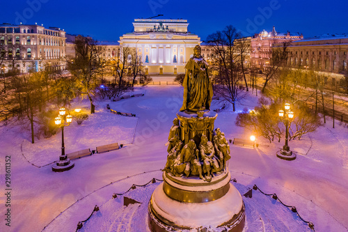 Saint Petersburg. Russia. The monument to Catherine the great in Ostrovsky square. Alexandrinsky theater with Christmas trees and festive illumination. View from the drone on the square. Christmas. photo