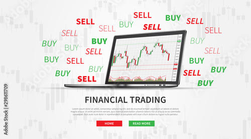 Laptop with stock market candlestick chart vector illustration. Green and red japanese candle bars graph graphic design. Buy and sell words around laptop with forex trade graph web banner