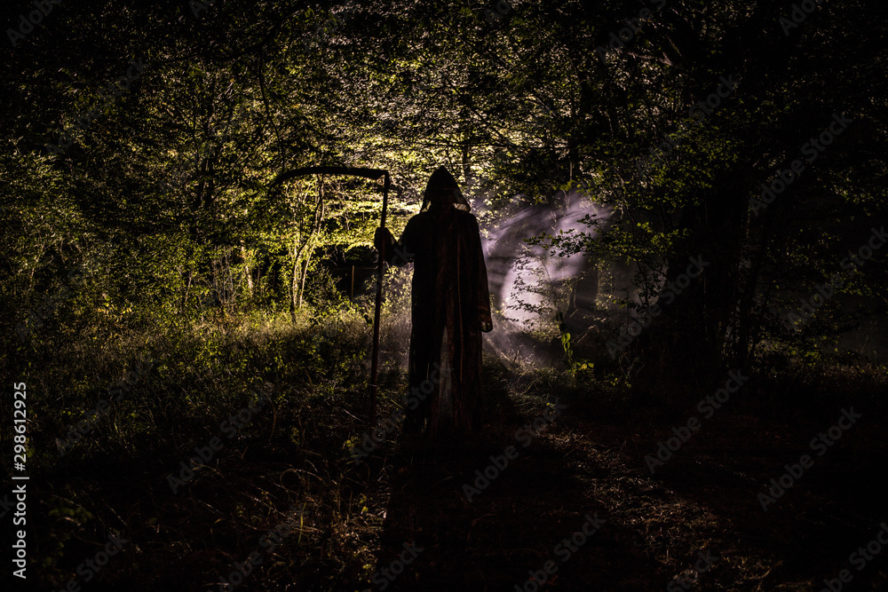 Death with a scythe in the dark misty forest. Woman horror ghost holding reaper in forest Death with a scythe in the dark misty forest. Woman horror ghost holding reaper in forest