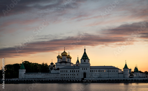 Kostroma. Gold ring of Russia. The monastery of St. Ipaty. Clouds in the evening sky and the Volga river.