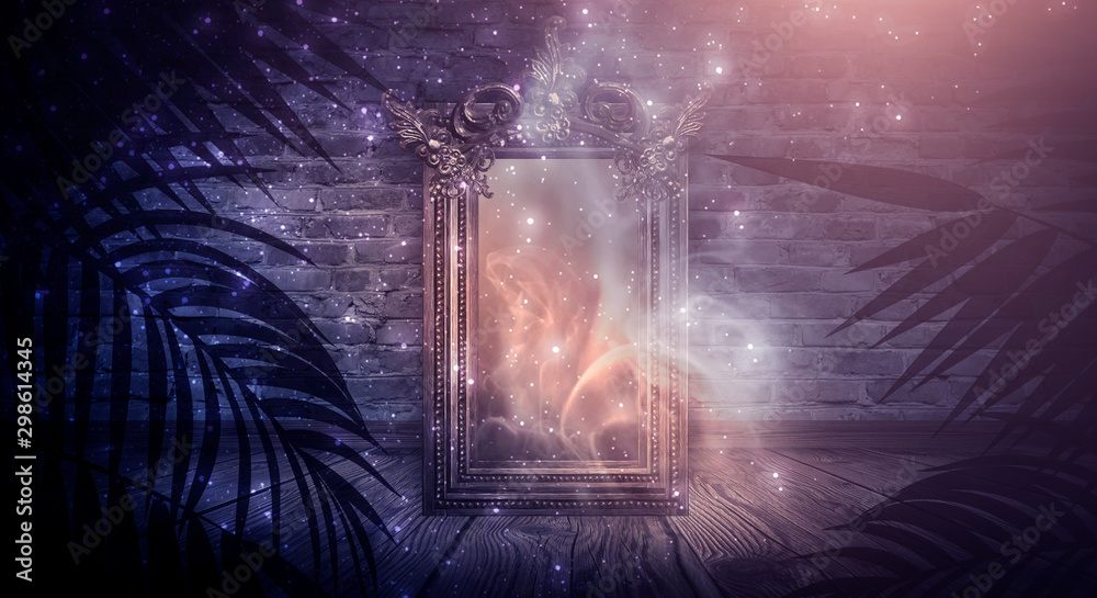 Dark room, a magical antique mirror. Night view of the room, fantasy