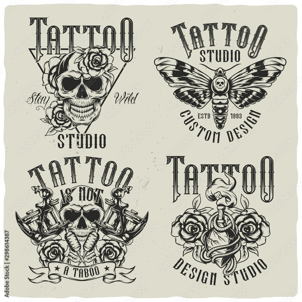 Obraz premium Set of tattoo label designs. Monochrome illustrations with text composition.