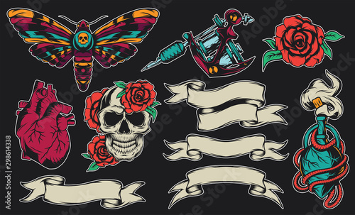 Set of tattoo design elements - skull, roses, butterfly, tattoo machine, ribbons, heart and elexir