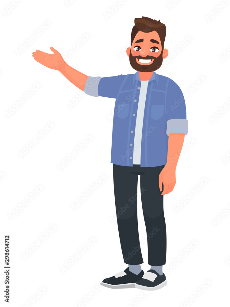 Happy man points to something. Character for advertisement. Guy shows a direction with a hand Happy man points to something. Character for advertisement. Guy shows a direction with a hand