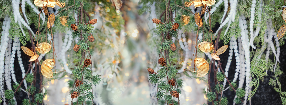 beautiful floral background. chic golden flowers and fir tree branch. elegant festive decoration, Christmas and new year holiday background. soft selective focus - obrazy, fototapety, plakaty 