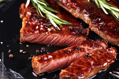 Barbecue Rib Eye Steak or rump steak - Dry Aged Wagyu Entrecote Steak on rustic background