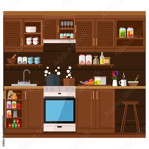 Kitchen with a set of furniture. The cozy interior of the room with a stove, wardrobe and utensils. Flat style vector illustration.