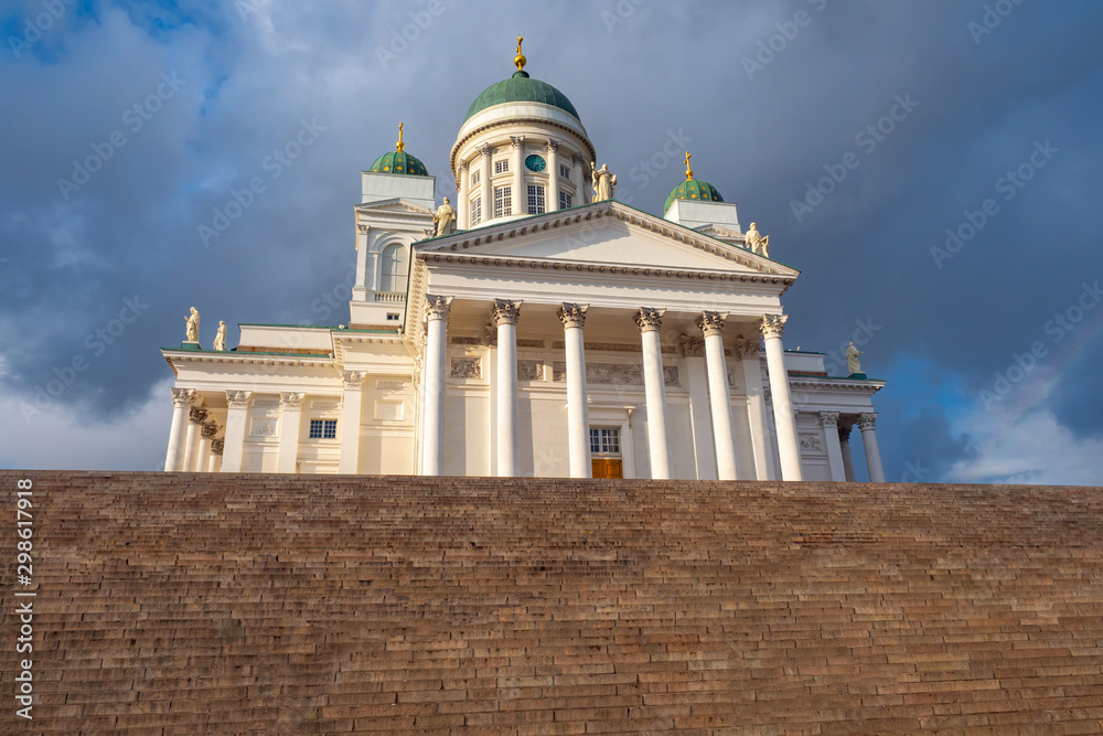 Helsinki. Finland St. Nicholas Cathedral in Helsinki. Suurkirkko. Church on Senate square. Temples of Finland. Orthodox church. Nicholas Cathedral against the blue sky. Steps Finland travel guide.
