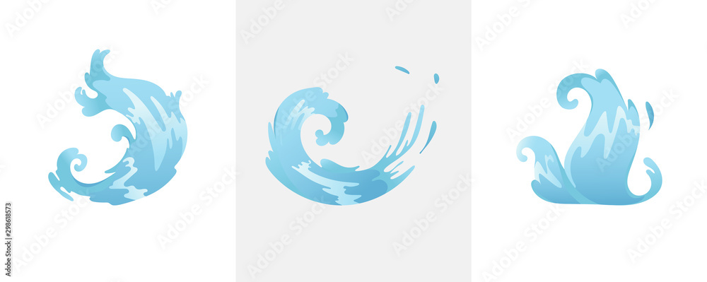 Blue waves and water splashes set, wavy symbols of nature in motion vector Illustrations. Blue waves and water splashes set, wavy symbols of nature in motion vector Illustrations.