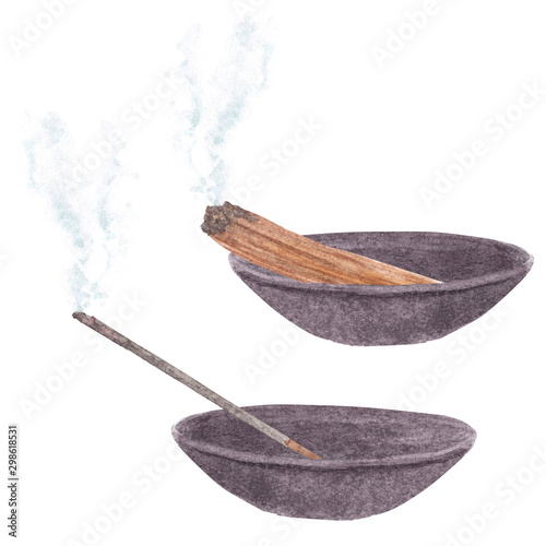 Set for aromatherapy. Watercolor hand drawn burning aromatic incense stick and palo santo wood in bowl isolated on white background. Meditation and relaxation elements. 