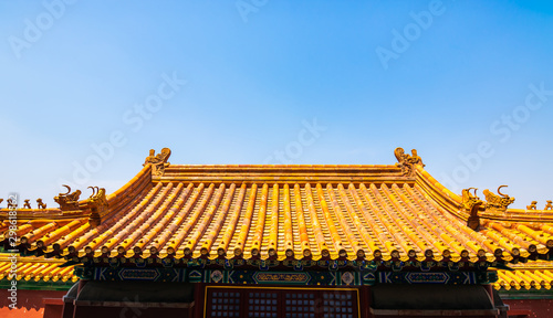 The Chinese traditional style roof decorations, the roof from building at The Summer Palace in Beijing, China.