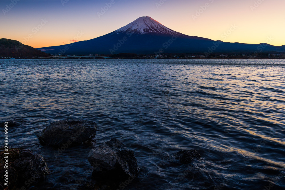 Mount fuji san at Lake kawaguchiko in japan on sunset