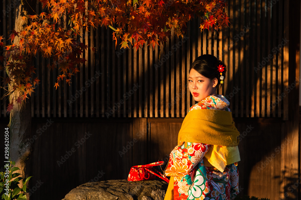 Fototapeta premium An Asian woman in traditional Japanese dress or Kimono during autumn season in Kyoto
