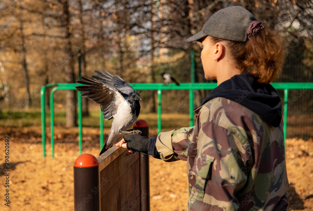 Fototapeta premium Cynologist on the dog Playground trains a crow.