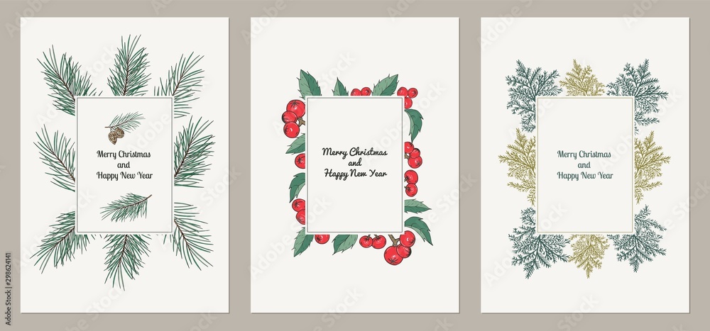 Set of cards for the winter holidays with fir brunches and fir cones, berries holy and leaves branches, lights and place for text. Set of cards for the winter holidays with fir brunches and fir cones, berries holy and leaves branches, lights and place for text.