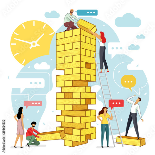 Vector flat illustration big tower jenga with group of young development specialists