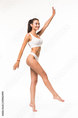 Woman body beauty, model girl fitness exercise in white underwear. Sport workout