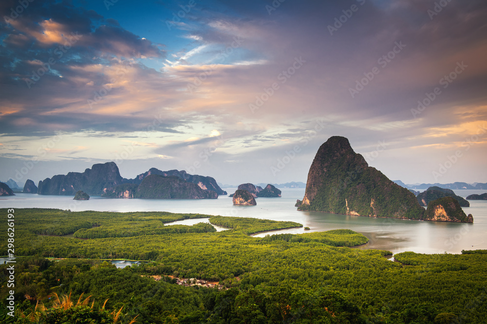 Natural Landscape Scenery View of Phang Nga Island at Sunset, Amazing Panorama Scenic of Nature Rainforest Andaman Sea. Beautiful Viewpoint and Travel Destination of Seashore Thailand. - obrazy, fototapety, plakaty 