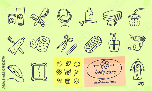Beauty products body care doodles drawings icons. Full vector illustrations with editable strokes.