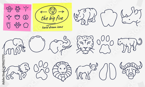 Africa big five wildlife animals and footprint hand drawn icons. Full vector illustrations with editable strokes.