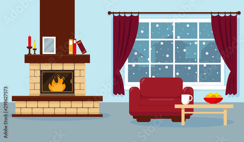 Living room with window, fireplace and furniture. Cozy interior in winter. Vector design illustration.