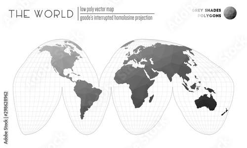 Triangular mesh of the world. Goode's interrupted homolosine projection of the world. Grey shades colored polygons. Modern vector illustration.