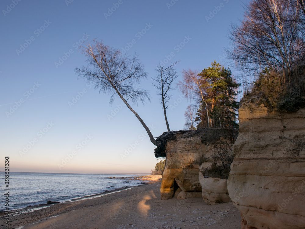 Sandstone cliffs  on beach in winter morning 