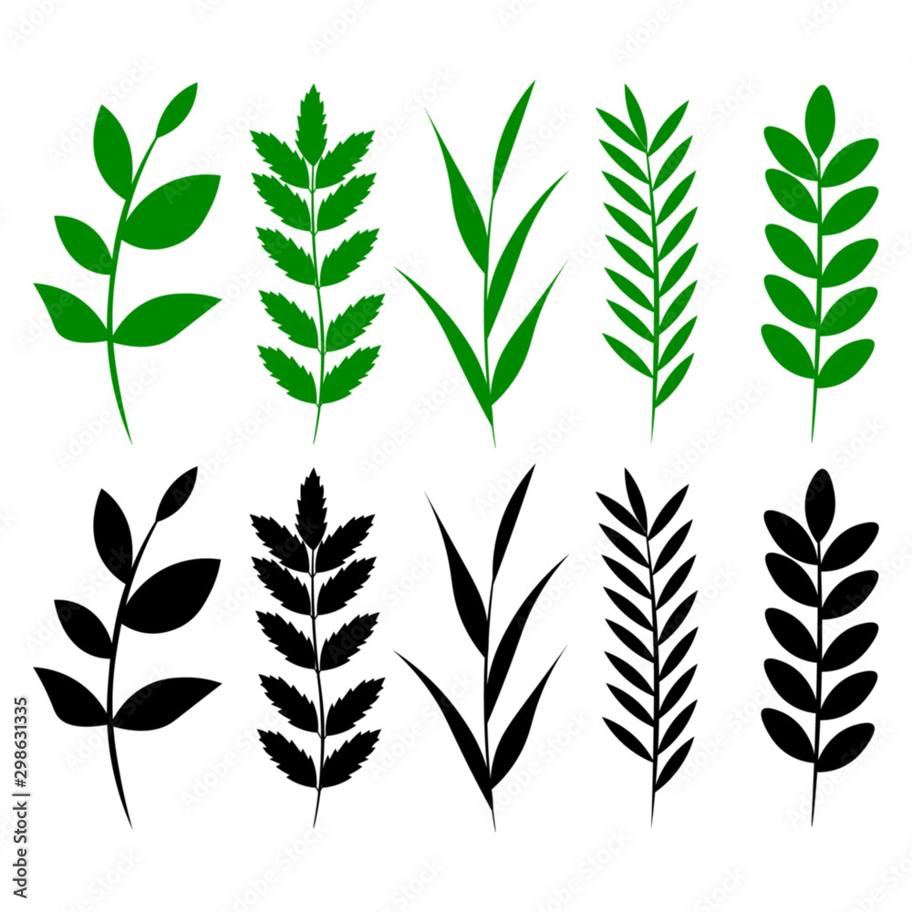 Set of leaves and herbs silhouettes, isolated vector illustration. Set of leaves and herbs silhouettes, isolated vector illustration.