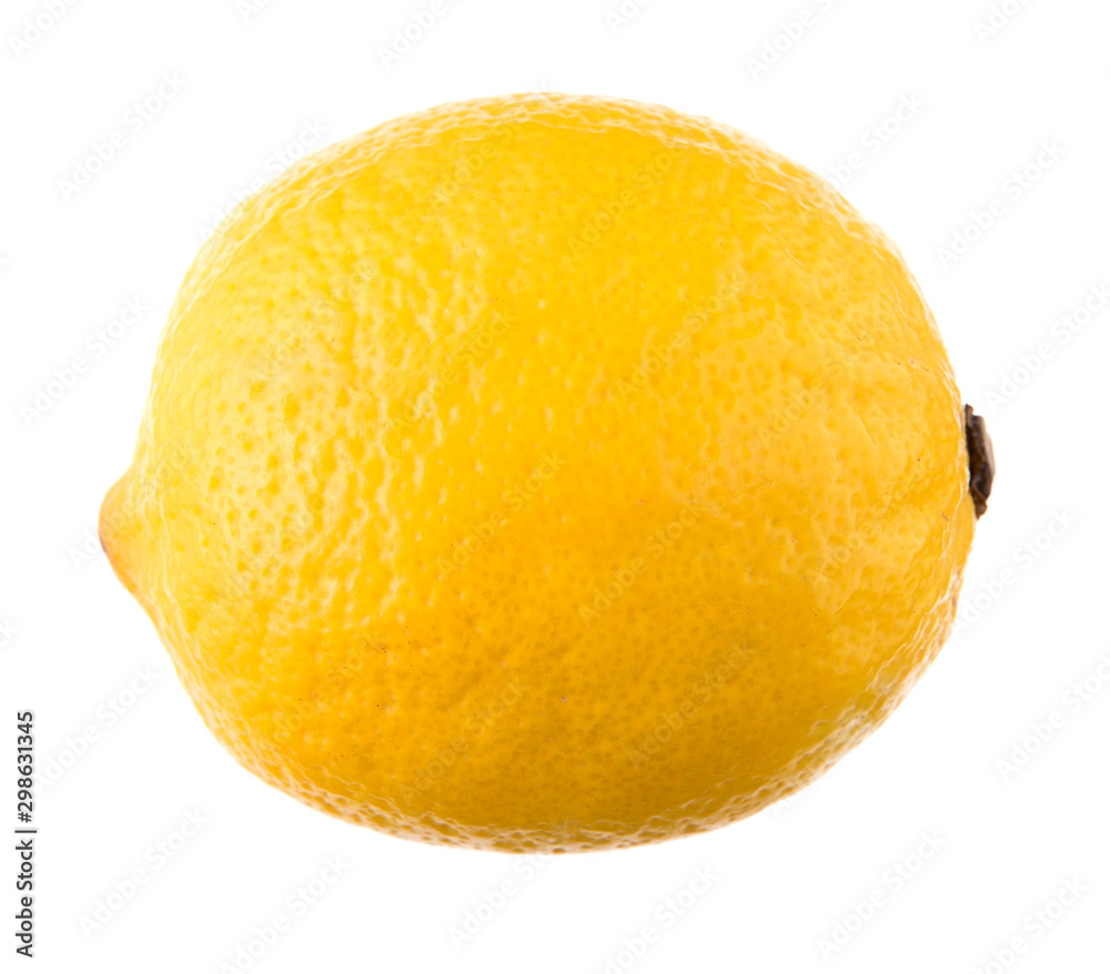 One lemon isolated on white background. Tropical fruit. Flat lay, top view One lemon isolated on white background. Tropical fruit. Flat lay, top view
