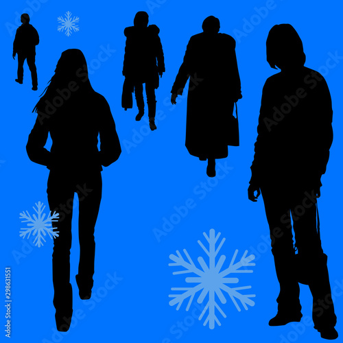 Silhouettes of women outdoors in warm clothes in winter walking on a pedestrian street. Vector