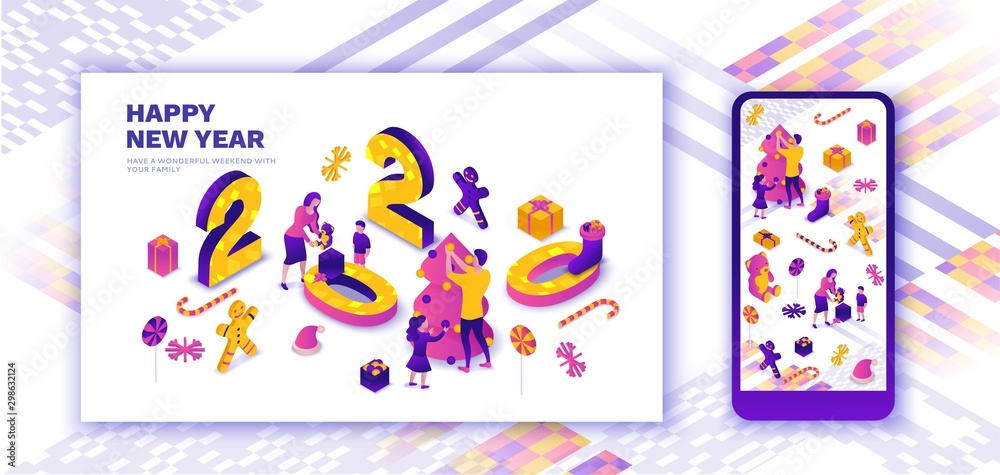 Family celebrating New year landing page, 2020 isometric 3d illustration, winter holiday party, christmas giveaway, parents, kids decorating tree, togetherness concept, present, mobile story template