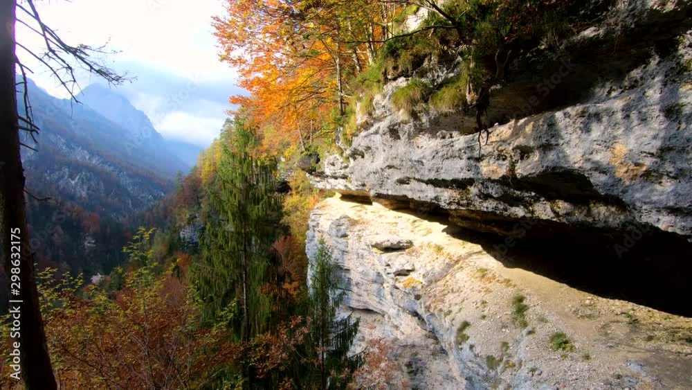 4k Up tilt on cliff trail path that reveals forest valley with incredible view 4k Up tilt on cliff trail path that reveals forest valley with incredible view