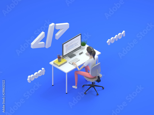Female frontend developer sitting at a table in the modern office. Digital technology concept learning programming languages. Isometric Illustration 3d render.