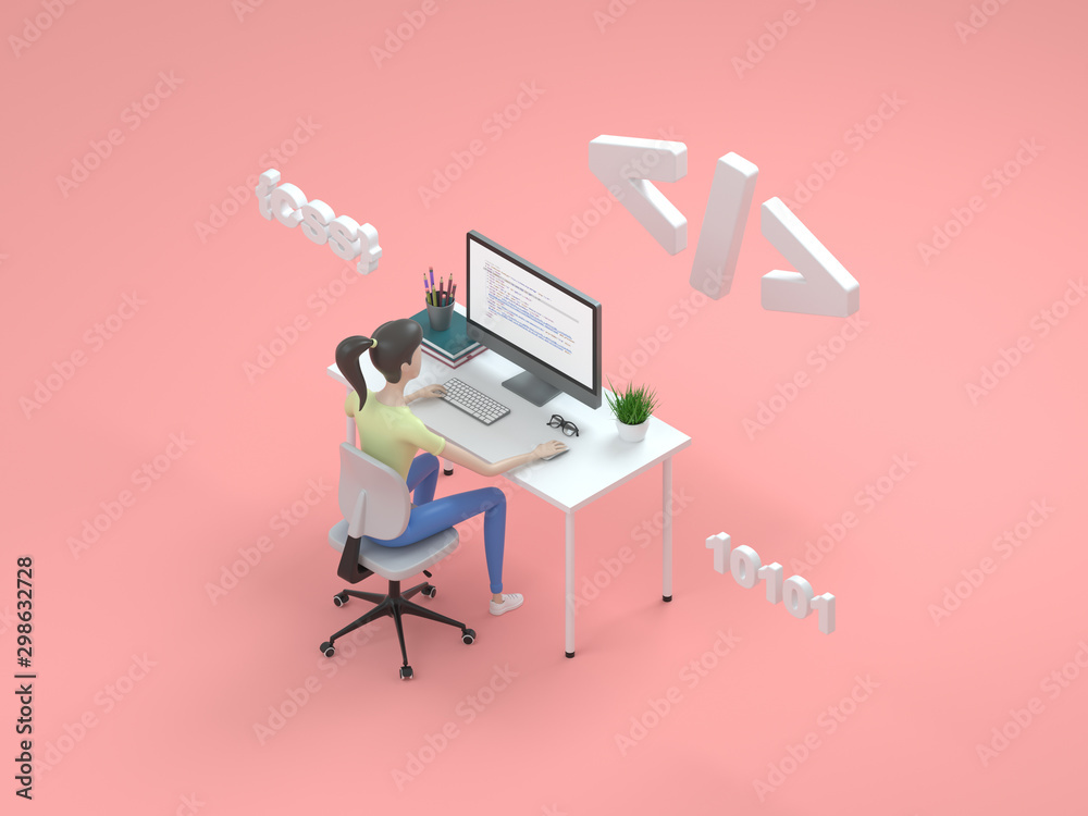 Young professional female programmer is working at a computer ...