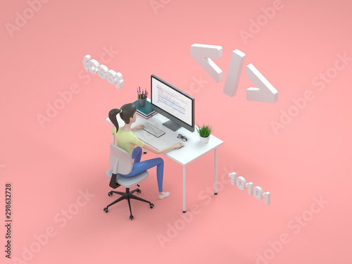 Young professional female programmer is working at a computer. Isometric 3d render, illustration for web page design.