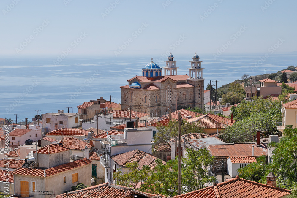 Small towns Marathokambos, Platanos, Voutliotes and Koumaiika on the Greek Aegean island of Samos.