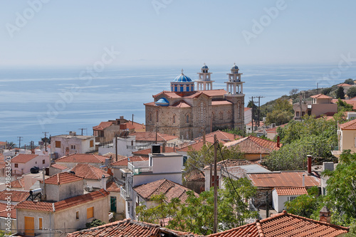 Small towns Marathokambos, Platanos, Voutliotes and Koumaiika on the Greek Aegean island of Samos.