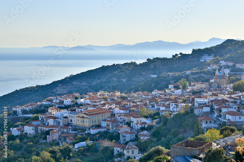 Small towns Marathokambos, Platanos, Voutliotes and Koumaiika on the Greek Aegean island of Samos.